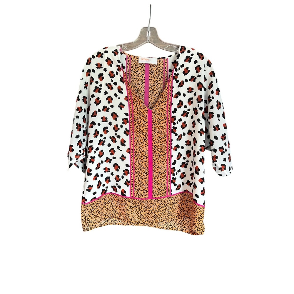 Renee C Womens Mixed Animal Print Kimono Sleeve Blouse Pink Orange Size Medium - Picture 1 of 10